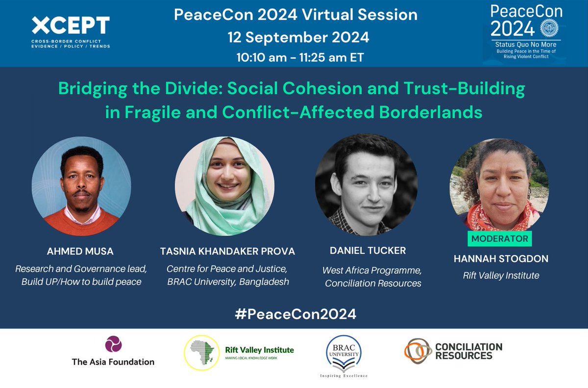 The Asia Foundation (@asia_foundation) on Twitter photo 📍 Join us at the #PeaceCon2024 virtual session! XCEPT researchers will present community-led approaches to social cohesion and peacebuilding in conflict areas of Africa and Asia. Register here: allianceforpeacebuilding.org/peacecon-2024-…
@CPJ_BracU
<a href="/RVInews/">Rift Valley Institute</a>
@CRbuildpea 📍 Join us at the #PeaceCon2024 virtual session! XCEPT researchers will present community-led approaches to social cohesion and peacebuilding in conflict areas of Africa and Asia. Register here: allianceforpeacebuilding.org/peacecon-2024-…
@CPJ_BracU
<a href="/RVInews/">Rift Valley Institute</a>
@CRbuildpea