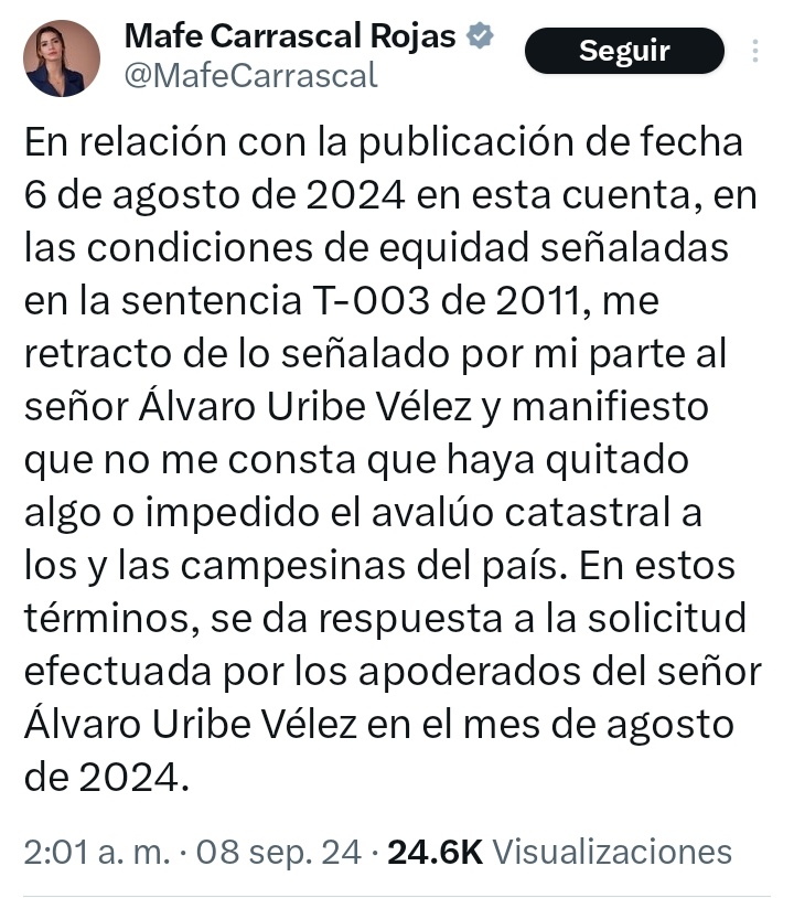 isamg6's tweet photo. 🚨 Rt masivo contra la infamia.

La señora Carrascal publica una retractación sobre una mentira que lanzó contra el presidente Uribe a las 2 de la madrugada. 

Gracias, @ABDELAESPRIELLA , por su defensa al presidente @AlvaroUribeVel . https://t.co/3nrTK50VJ9