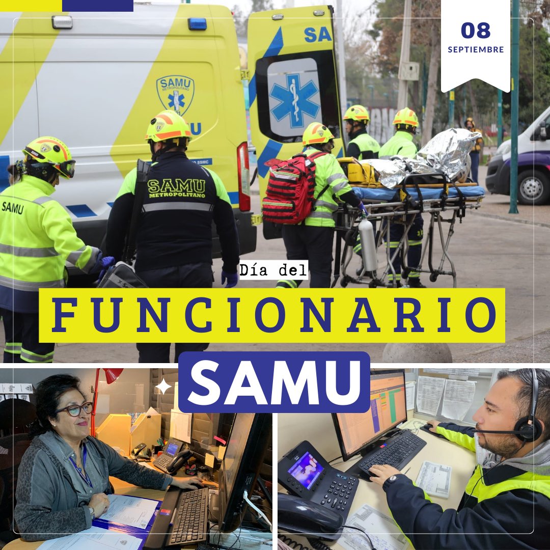 Saludamos en su día a los funcionarios SAMU en todo el país, con especial afecto a nuestro personal de #SAMUMetropolitano

Agradecer y destacar la labor que realizan nuestras tres áreas para llegar a la comunidad y brindar la primera repuesta en salud frente a la emergencia 🚑🙌
