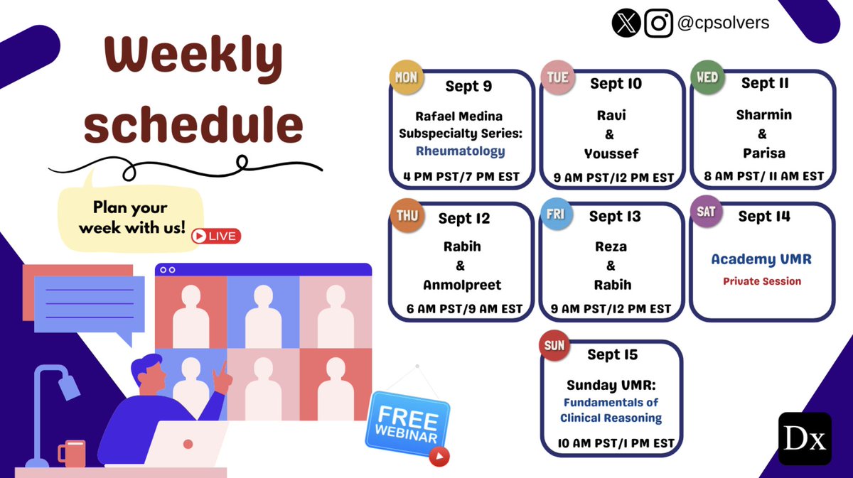 #MedTwitter - Plan your week with us!

We have an exciting week ahead here at Clinical Problem Solvers💡

Join our live sessions for free using the link➡️ bit.ly/31LWIKg