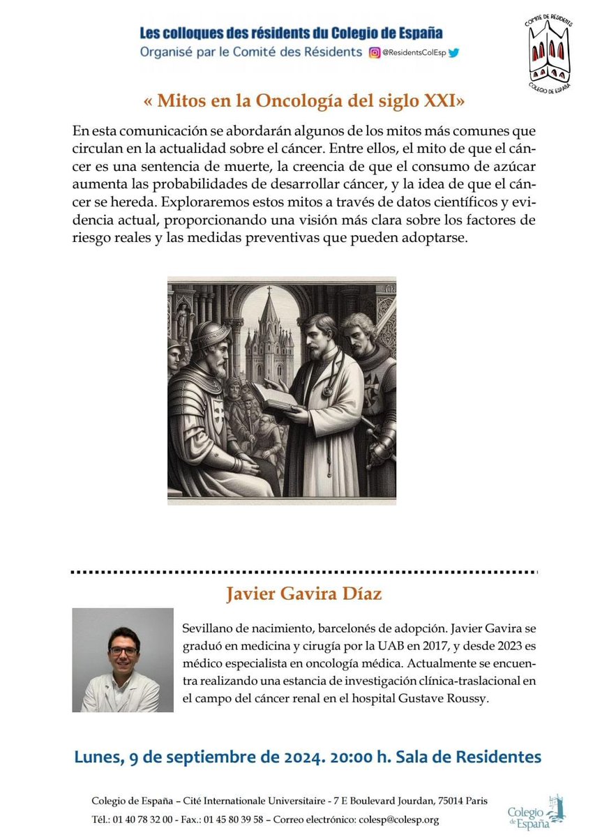 Vuelven las charlas de los lunes al colegio de España!!! 

Nos vemos mañana a las 20h en la Sala de Residentes de la primera planta, como de costumbre. 
Nuestro compañero Javier Gavira Diaz nos hablará sobre “Mitos en la oncología del siglo XXI”. 
No os lo perdáis! 🧠🩺