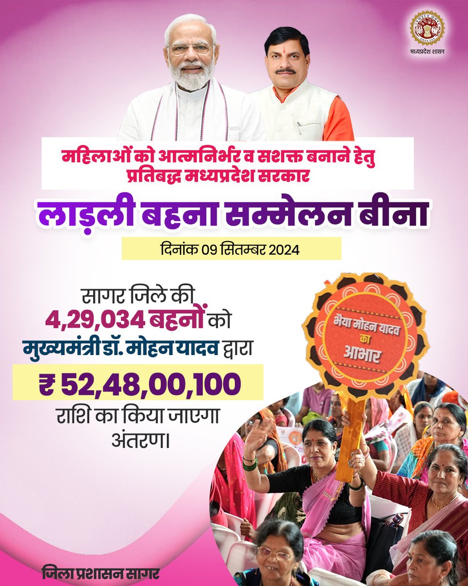collectorsagar's tweet photo. ➡️महिलाओं को आत्मनिर्भर और सशक्त बनाने हेतु प्रतिबद्ध मध्यप्रदेश सरकार

➡️ लाड़ली बहना सम्मेलन बीना 

@CMMadhyaPradesh @JansamparkMP #JansamparkMP https://t.co/Grp9Vn3QY3