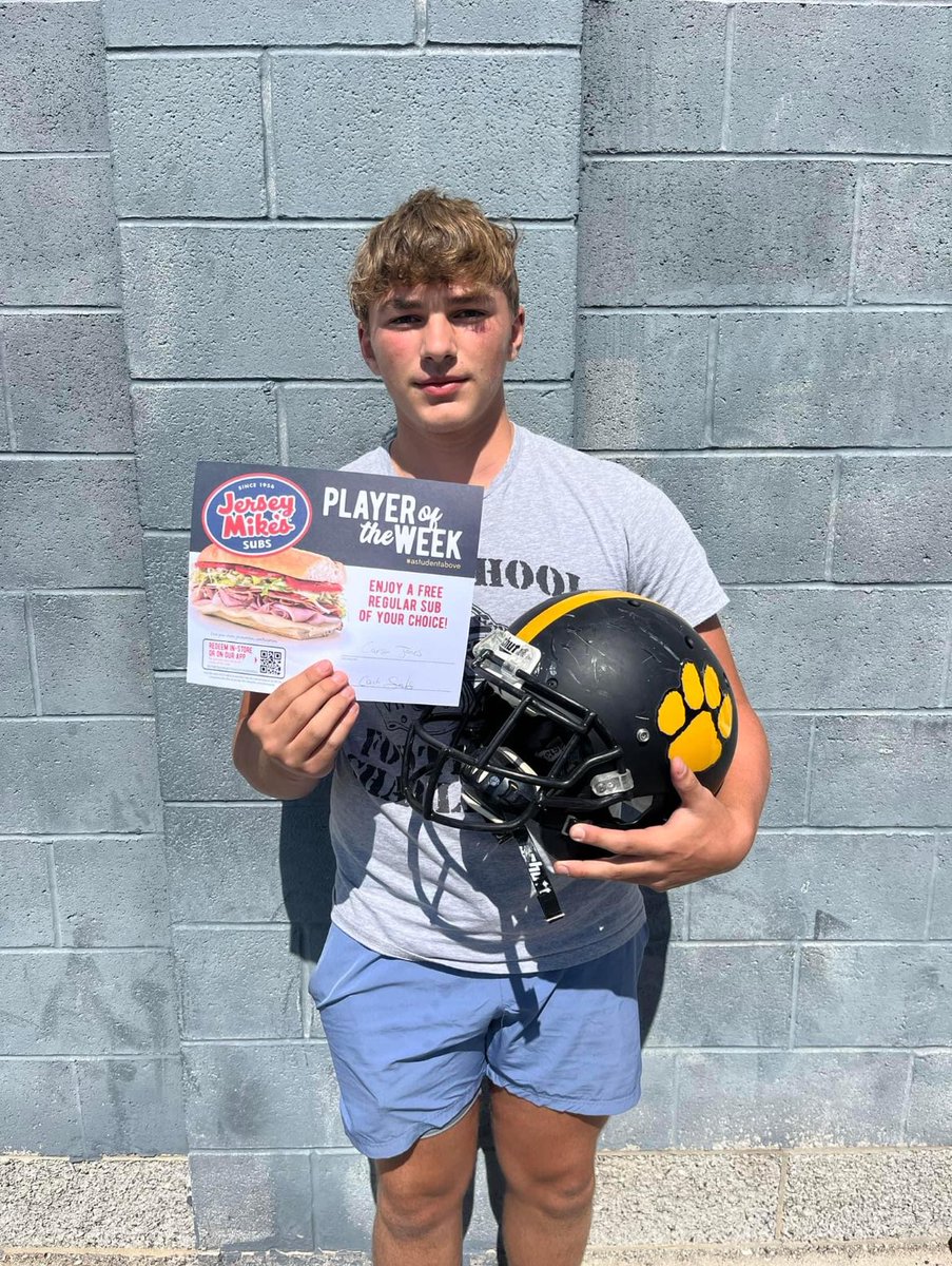 Panther Valley’s Jersey Mike’s player of the week. 
Carson Jones 8th grade football 5 carries 241 yards 4 touchdowns!!
Great Job Carson!! 🖤💛🐾🏈
