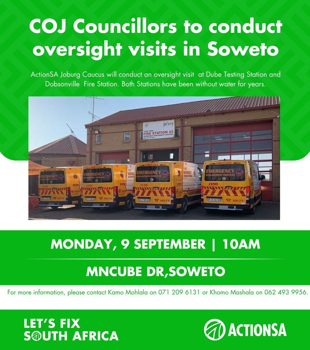 SthembeloMajola's tweet image. @Action4SA Joburg Caucus will conduct an oversight visit at Dube Testing Station and Dobsonville Fire Station.  Both Stations have been without water for years.
