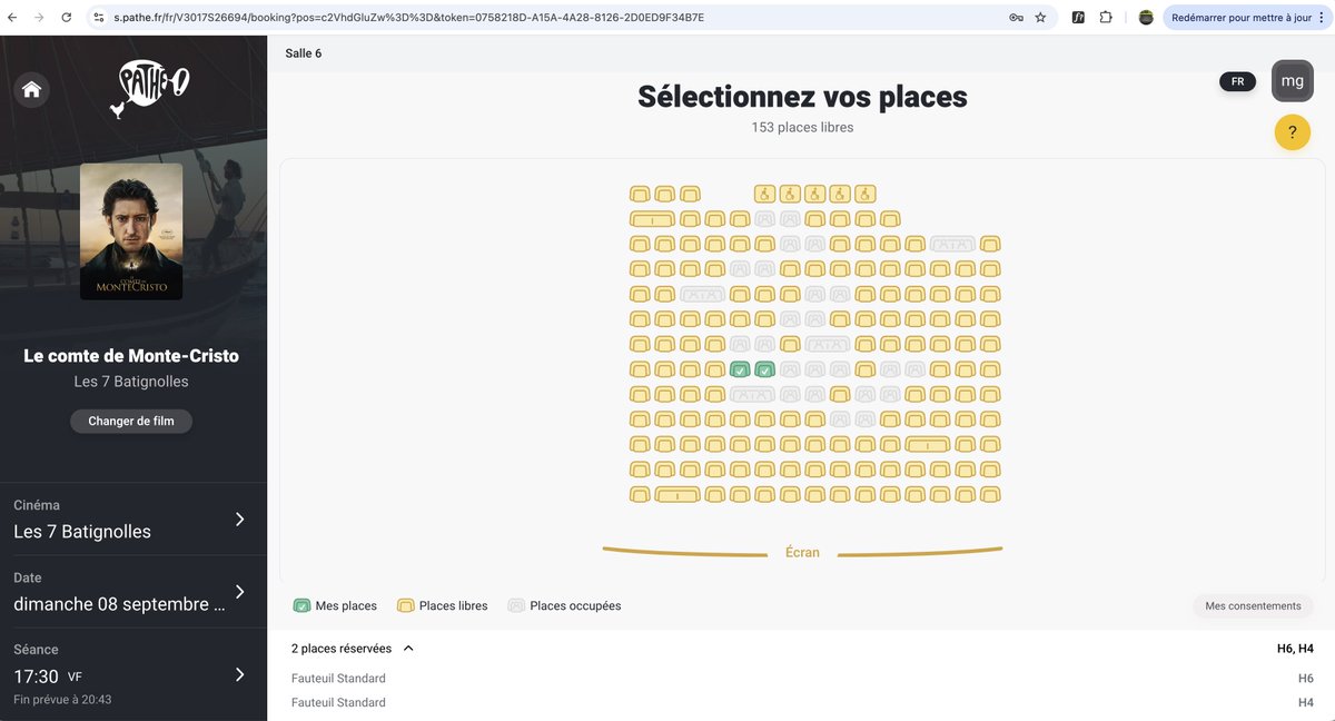 Allo le webmaster de <a href="/pathefrance/">Pathé France</a> Le site est planté sous Chrome quand on veut réserver via un ordi ! On est bloqué à ce stade. (ça marche via le tél)