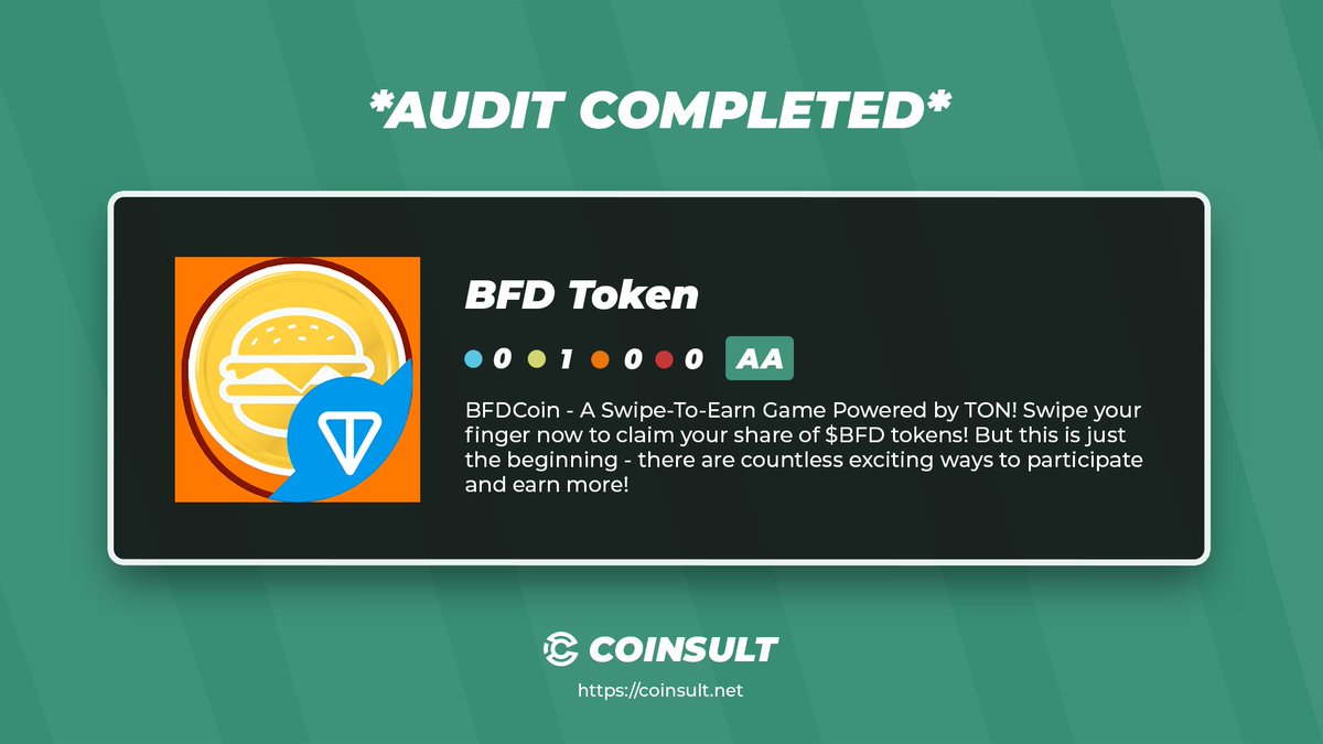 Coinsult - Audits & SAFU (@coinsultaudits) on Twitter photo ๐ AUDIT COMPLETED FOR BFD TOKEN
๐ GIVEAWAY: $10 (48 hours)
1โฃ Follow <a href="/BFDCoin/">BFDCoin</a> & <a href="/CoinsultAudits/">Coinsult - Audits & Development</a>
2โฃ Like + RT this tweet
3โฃ Place a comment ๐ฌ
Go check out the full project page of BFD Token ๐
coinsult.net/projects/bfd-tโฆ
#giveaway #audit #smartcontract #cryptogiveaway #crypto ๐ AUDIT COMPLETED FOR BFD TOKEN
๐ GIVEAWAY: $10 (48 hours)
1โฃ Follow <a href="/BFDCoin/">BFDCoin</a> & <a href="/CoinsultAudits/">Coinsult - Audits & Development</a>
2โฃ Like + RT this tweet
3โฃ Place a comment ๐ฌ
Go check out the full project page of BFD Token ๐
coinsult.net/projects/bfd-tโฆ
#giveaway #audit #smartcontract #cryptogiveaway #crypto