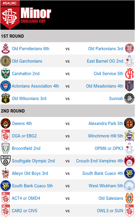 The #SALMC 1st and 2nd rounds <a href="/OldSalesians_FC/">OldSalesiansFC</a> <a href="/EBOGFC/">EBOG F.C.</a> <a href="/oldwilsonians/">Old Wilsonians FC</a> <a href="/owens_fc/">Owens FC</a> <a href="/SouthBankCuaco/">South Bank Cuaco FC</a> <a href="/SOAFC1933/">Southgate Olympic AFC</a> <a href="/WestWickhamFC/">West Wickham FC</a> <a href="/wearewhfc/">Winchmore Hill FC</a>