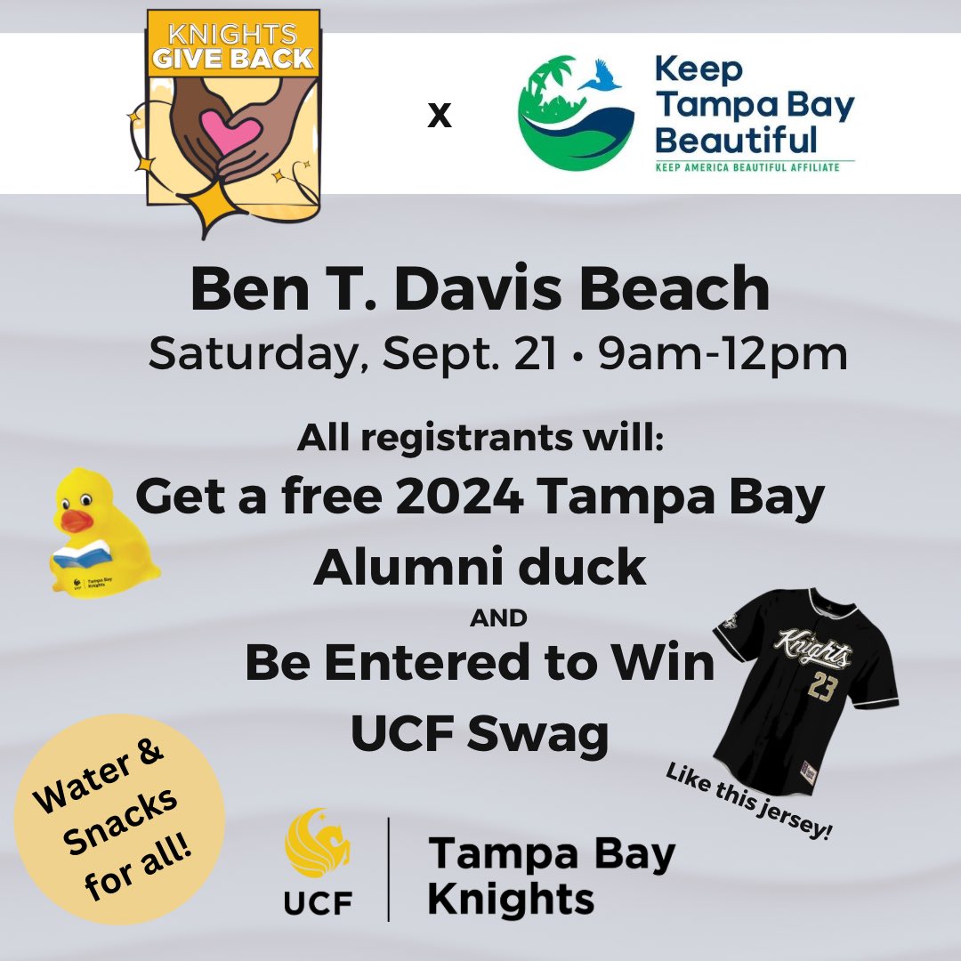 Bye weeks are for Giving Back ⚡️🔛 Join us September 21, as we take on our biggest opponent - trash on our local beaches 🚮

Sign up using the link below to be entered for the freebies and chances to win! All ages and fans welcome! 

foundation.ucf.edu/TBKnightsGiveB…