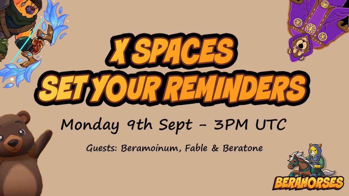 berahorses's tweet image. 🚨NEIGH 

Join us Monday 9th September 3PM UTC live on spaces. 

We’ve got some juicy updates to share with you stable family as well as getting the latest from our partners at:

@Fable_Platform
@BeratoneGame
@Beramonium