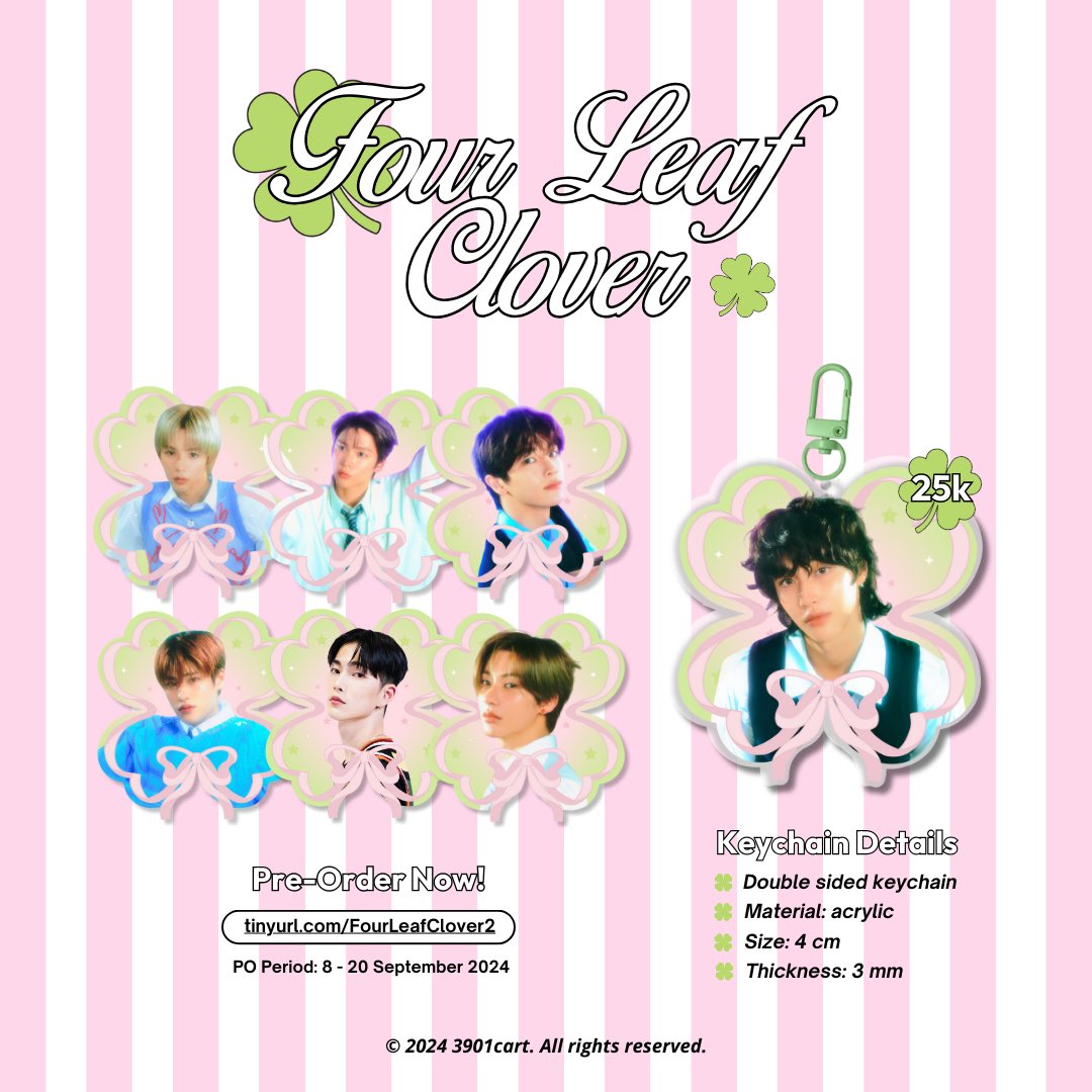 3901cart's tweet image. 🎀 you’re my 𝓕our 𝓛eaf 𝓒lover 🍀
— pre-order keychain batch 2 by @3901cart 

☘︎ 25k (catalogue) &amp;amp; 27k (custom)
☘︎ DP 20k
☘︎ PO period 8 - 20 Sept 
☘︎ PO link:
tinyurl.com/FourLeafClover2

Feel free to DM if you have any questions. Thank you! ♡︎