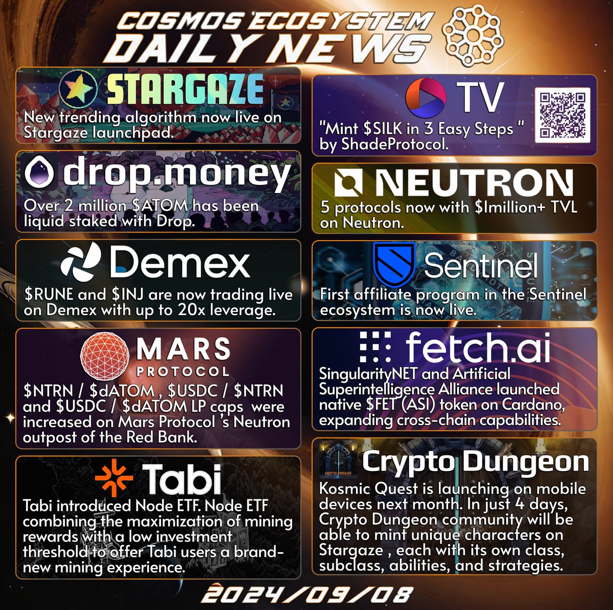 ✅ Show your support with RT   

🙌 We keep spreading the word!

$STARS $ATOM $RUNE $INJ $MARS $TABI $FLIX $NTRN $DVPN $FET $DGN 

<a href="/StargazeZone/">Stargaze ✨🔭</a> <a href="/dropdotmoney/">Drop💧</a> <a href="/demexchange/">Demex</a> <a href="/mars_protocol/">Mars Protocol 🔴</a> <a href="/Tabichain/">jihan</a> <a href="/OmniFLixTV/">OmniFlix TV</a> <a href="/Neutron_org/">Neutron</a> <a href="/SentinelDVPN/">SentinelP2P</a> <a href="/Fetch_ai/">Fetch.ai</a> <a href="/cryptodungeonma/">Dungeon Games🐉</a>