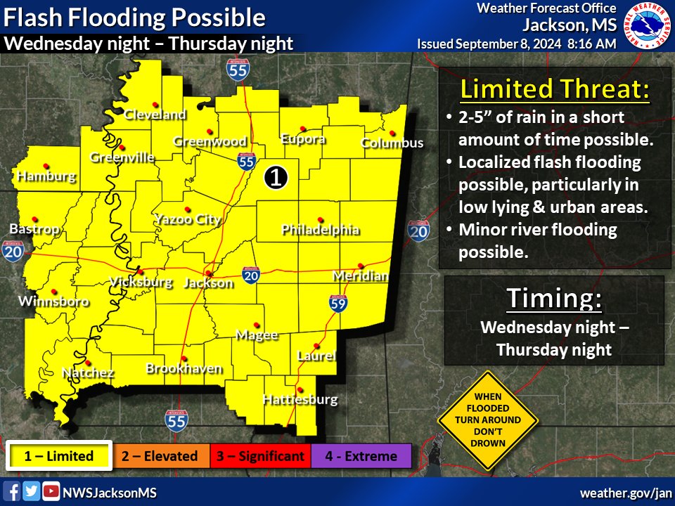 ⚠️Heavy rainfall associated with a potential tropical cyclone could lead to flash flooding and minor river flooding Wednesday &amp; Thursday night. This event is several days away so expect forecast refinements as we draw closer.