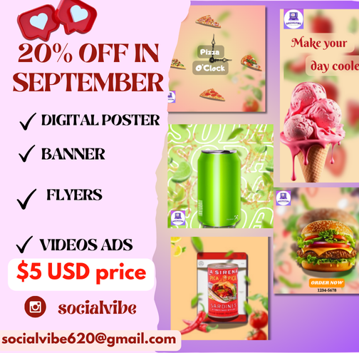 VibeSocial's tweet photo. 🎉📷Level up your brand with our professional designs!  Enjoy a 20% discount on all projects this September. Let's create something amazing together! 📷#Creatives  #ContentMarketing  #branding  #SocialAdss  #MarketingTips  #SocialMediaManagement https://t.co/tJKjNtnoDh