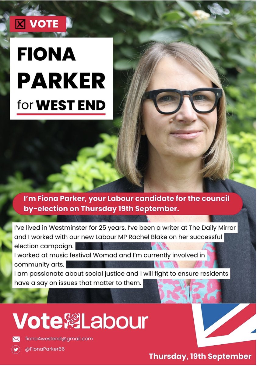 Cities of London & Westminster Labour Party 🌹 (@westminsterclp) on Twitter photo Vote for <a href="/FionaParker66/">Fiona Parker</a> to be the new Labour Party Councillor for the West End Ward on Thursday 19th September. Vote for <a href="/FionaParker66/">Fiona Parker</a> to be the new Labour Party Councillor for the West End Ward on Thursday 19th September.