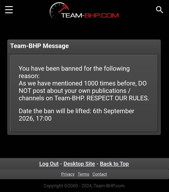 BunnyPunia's tweet photo. A lot of close friends and known have often criticised @TeamBHPforum for the extreme/shocking/funny rules they follow. 

Recently, I encountered the same and thought of sharing it here. 

Pic 1 : in one of the recent topics, I thought of sharing my 2 cents and mentioned that I head 91wheels (attached - with an edit from them)

The owner/head Rush thought I was (yet) again promoting 91wheels (was I?) and thought of banning me. For 2 yrs. Lolz - first, I laughed it out. But then, it struck me how stupid this was. Do you agree? Infact I shared this in a Whatsapp group that has many team-bhpians and they were equally shocked and shared (more) shocking insights about #teambhp 

The said post actually had 7 members thanking me! My profile itself shows almost 1500 thanks from other members (1nd pic on the left)

And dear Rush, can you prove the 1000 times you have told me not to 'promote' my website (promote?)

What has your experience been with this website?  

2 team-bhp moderators whom I spoke to  supported me in direct Whatsapp chats initially but I guess Rush needs a solid restart in this thinking!