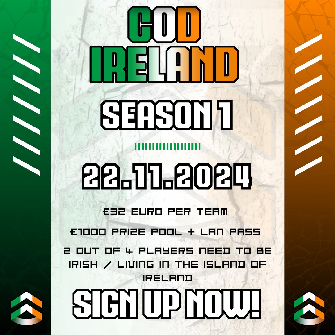 CODIreland's tweet image. COD IRELAND LEAGUE SEASON 1 SIGNUPS NOW LIVE!

The first ever Irish Call of Duty league is here so make sure to get your team together and get signed up!

🟢 Entry: €32
🟢 Prize Pool: €1000
🟢 2 out of 4 players Irish / Living in Ireland per team

forms.gle/28JzZacViua2yD…
