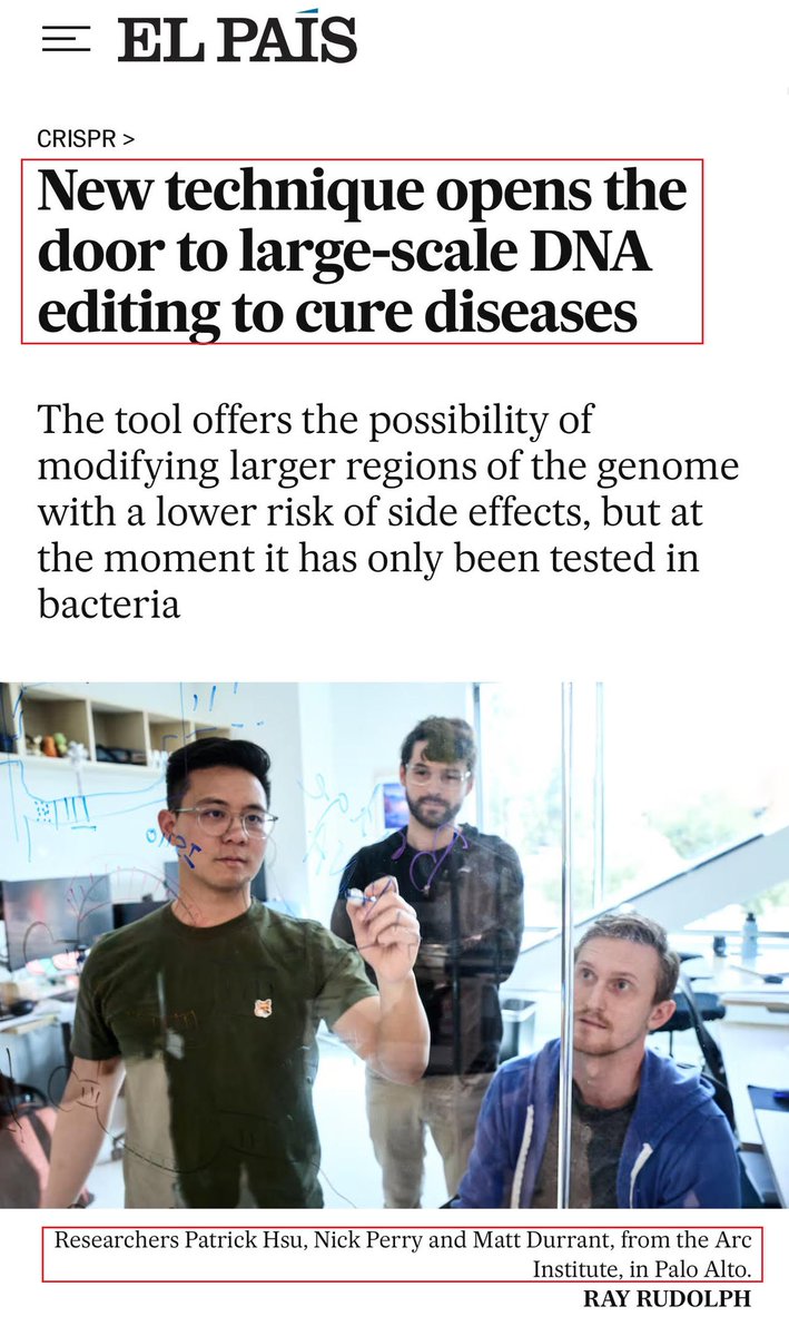 1/This great <a href="/elpaisinenglish/">El País English Edition</a> article explains one of the most exciting recent discoveries in the Gene &amp; RNA editing field - the discovery of <a href="/pdhsu/">Patrick Hsu</a>’s Bridge RNA - a new class of RNA guided systems which enables large scale gene editing even beyond RNA &amp; DNA cuts. Here’s my🧵👇
