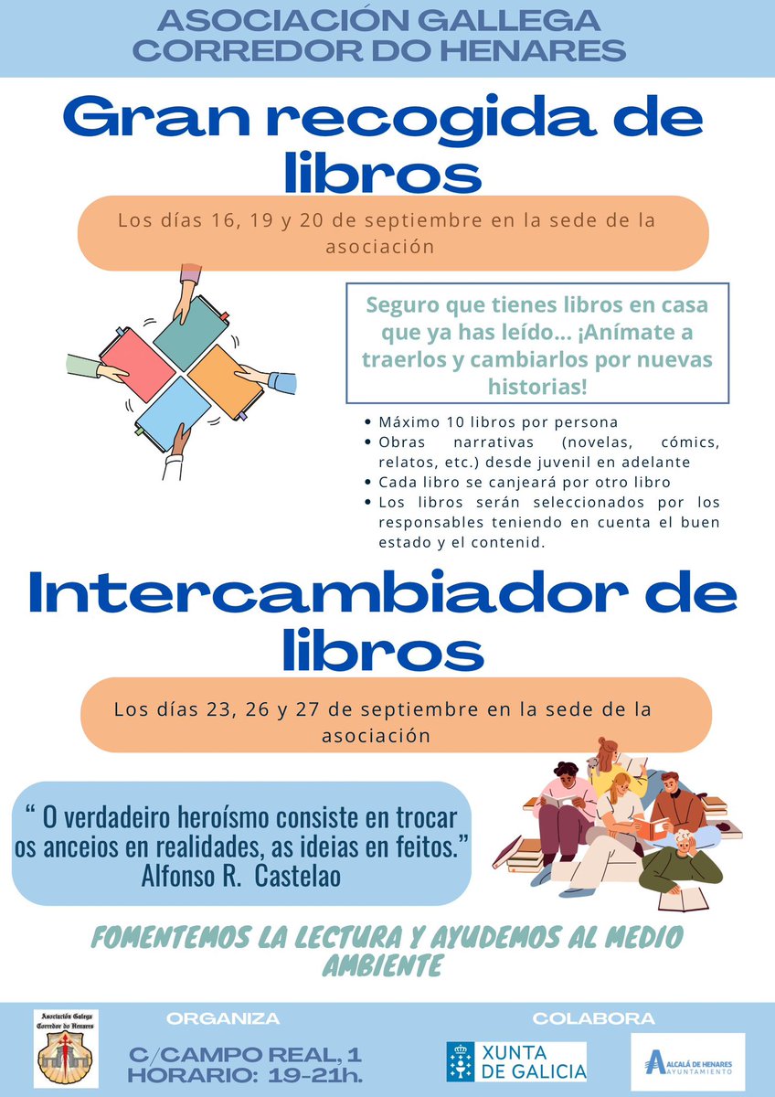 GaliciaHenares (@galiciahenares) on Twitter photo PROGRAMA DE INTERCAMBIO DE LIBROS.
Es hora de rescatar esos libros olvidados y darles una segunda oportunidad. Con esta nueva iniciativa de <a href="/GaliciaHenares/">GaliciaHenares</a> queremos fomentar la lectura y el cuidado del medio ambiente. ¡Animaros a participar! PROGRAMA DE INTERCAMBIO DE LIBROS.
Es hora de rescatar esos libros olvidados y darles una segunda oportunidad. Con esta nueva iniciativa de <a href="/GaliciaHenares/">GaliciaHenares</a> queremos fomentar la lectura y el cuidado del medio ambiente. ¡Animaros a participar!