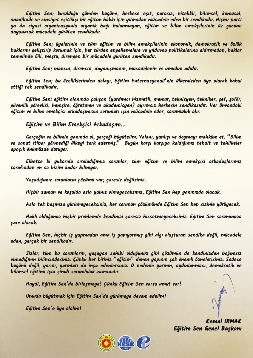 Genel Başkanımızdan Eğitim ve Bilim Emekçilerine Mektup
egitimsen.org.tr/genel-baskanim…