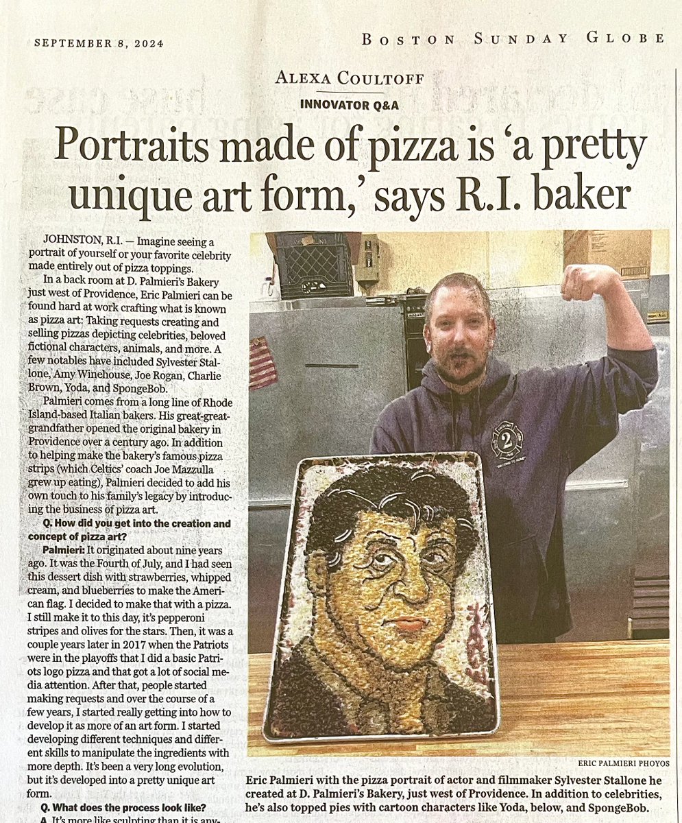 EricJohnArt's tweet image. Many thanks to @alexacoultoff for this very nice feature in the Sunday @BostonGlobe today! #PizzaArt 🍕

Consider buying an online subscription!  LINK IN REPLIES ⬇️