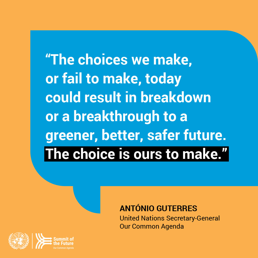 The world is at a crossroads.

Leaders must rebuild trust and solidarity to take on today’s challenges and tomorrow’s emerging threats.

Learn why the Summit of the Future is the key moment to put the world on a better path for #OurCommonFuture.
bit.ly/SotF2024