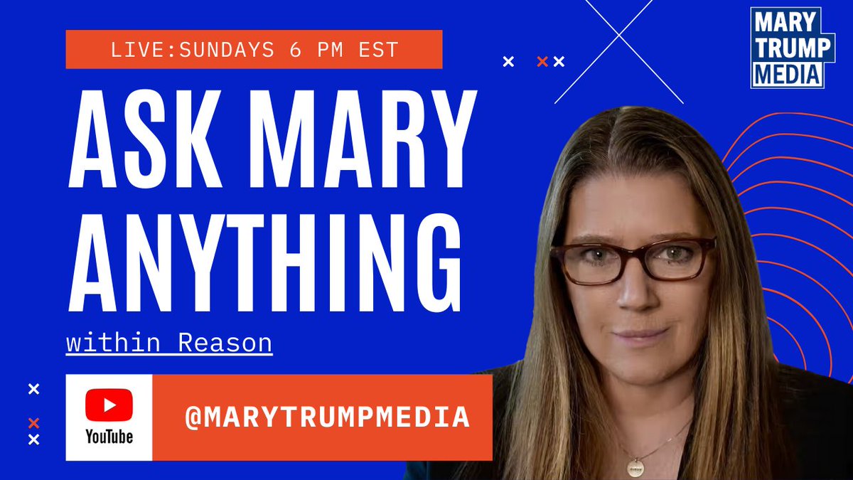 MaryLTrump's tweet photo. Join me tonight at 6 PM ET for a live Q&A! Whether it’s politics, psychology, or current events, I’m here to answer your burning questions. Submit now via my Substack or jump into the live chat during the show. Let’s dig in! Link in comments #AskMary #QandA