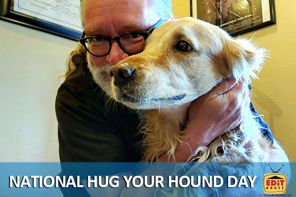 EditHouseNM's tweet photo. National Hug Your Hound Day dedicates a furry hug to our canine companions. Here is James hugging our dearly departed Pete, the office dog. Hug your dog today. We miss our Pete! #NationalHugYourHoundDay https://t.co/7pgVhRZMDk