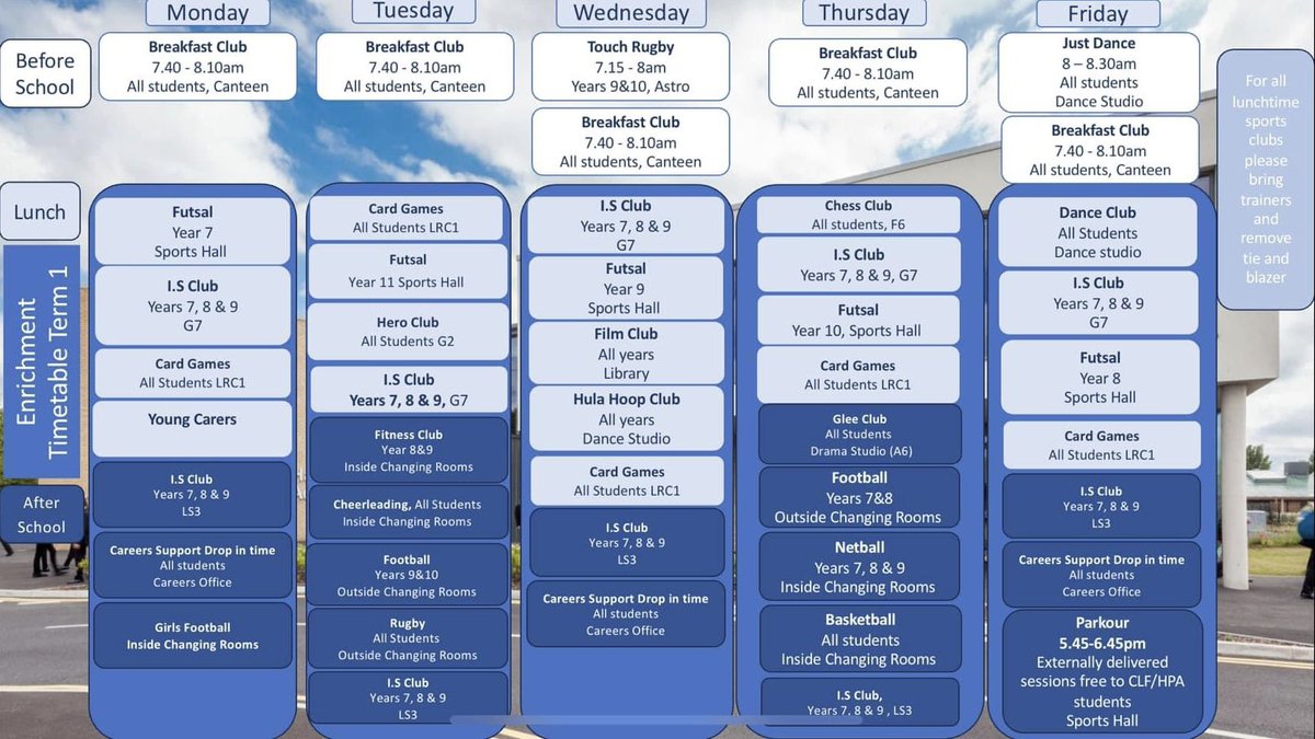 The Hans Price Extra-Curricular offer for Term 1. All clubs starting tomorrow!!! 
Students can attend as many clubs as they would like. No need to sign up, just arrive on the day and enjoy!