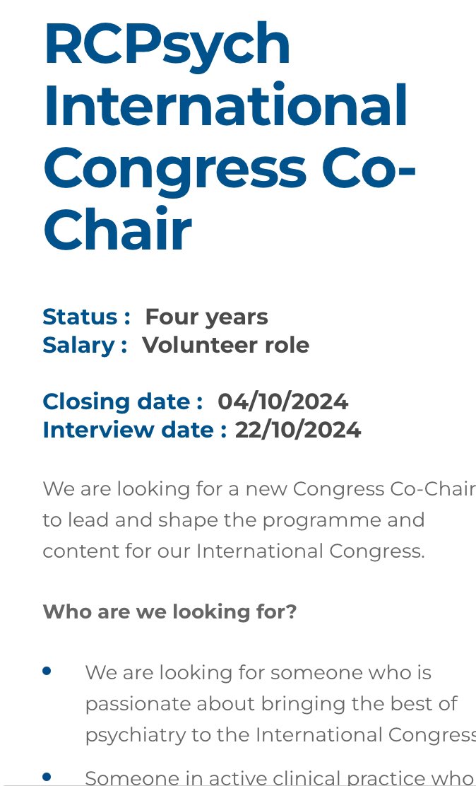 Exciting opportunity to shape the future of our flagship event 
A key role <a href="/rcpsych/">Royal College of Psychiatrists</a> International Congress please spread the word 
<a href="/subodhdave1/">Subodh Dave ☘️🌻🌞 Humanising Medicine</a> <a href="/DrLadeSmith/">Lade Smith CBE</a> <a href="/TrudiSene1/">Trudi Seneviratne OBE 🌠</a> <a href="/JohnHMCrichton/">John Crichton</a> 

rcpsych.ac.uk/members/posts-…