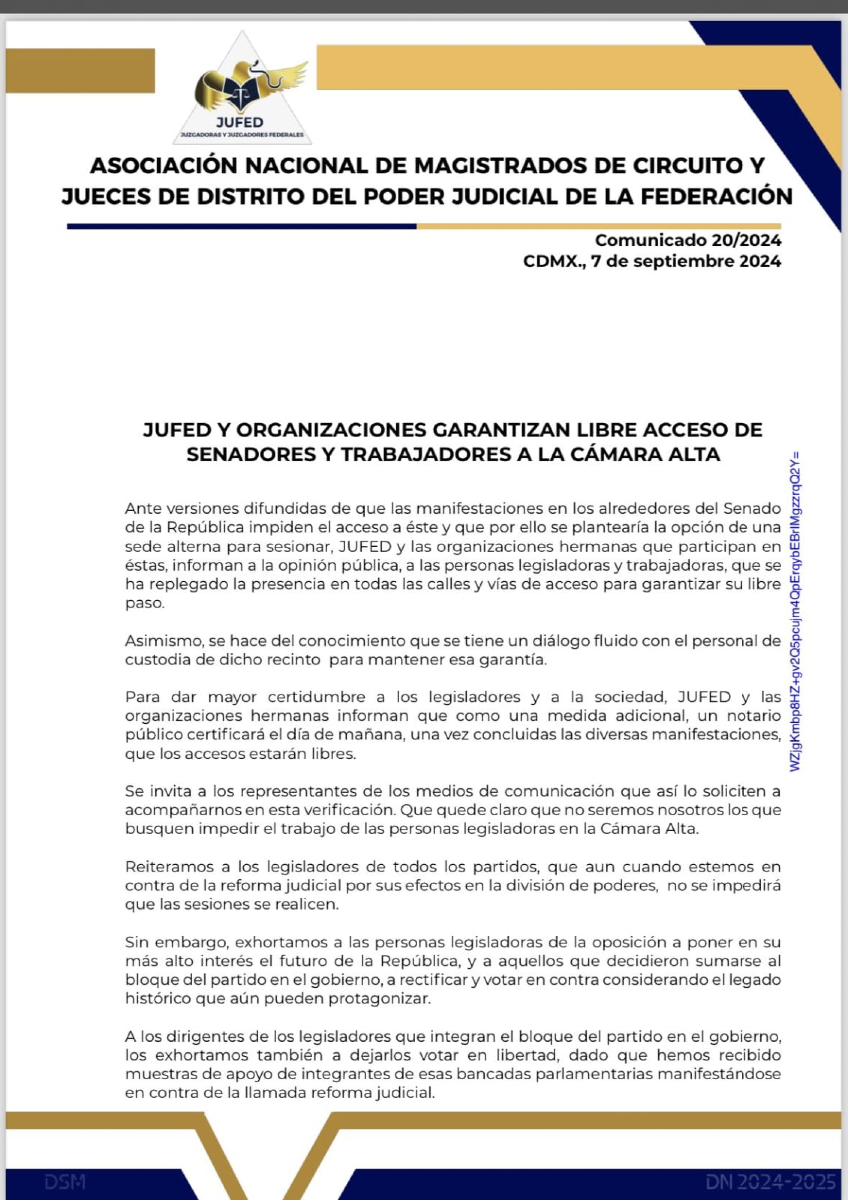 ContraProMx's tweet photo. #PoderJuducial En un comunicado la #JUFED y organizaciones informan, que sigue su protesta, pero que está garantizado el libre acceso de personas legisladoras y trabajadoras para la sesión del Senado. Un notario dará fe de ello. Y exhorta a legisladores a estar a la altura de la República.