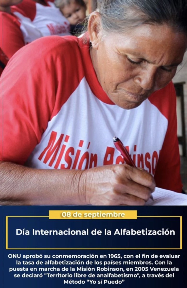 Misión Robinson (@misinrobinsonp2) on Twitter photo 📝 Celebramos hoy el día Internacional de la Alfabetización, con más de 3 Millones de estudiantes Patriotas, expresión del acceso a la educación gratuita y de calidad que garantiza la Revolución Bolivariana desde hace más de 2 décadas.
<a href="/NicolasMaduro/">Nicolás Maduro</a>
<a href="/HectoRodriguez/">Héctor Rodríguez C.</a> 📝 Celebramos hoy el día Internacional de la Alfabetización, con más de 3 Millones de estudiantes Patriotas, expresión del acceso a la educación gratuita y de calidad que garantiza la Revolución Bolivariana desde hace más de 2 décadas.
<a href="/NicolasMaduro/">Nicolás Maduro</a>
<a href="/HectoRodriguez/">Héctor Rodríguez C.</a>