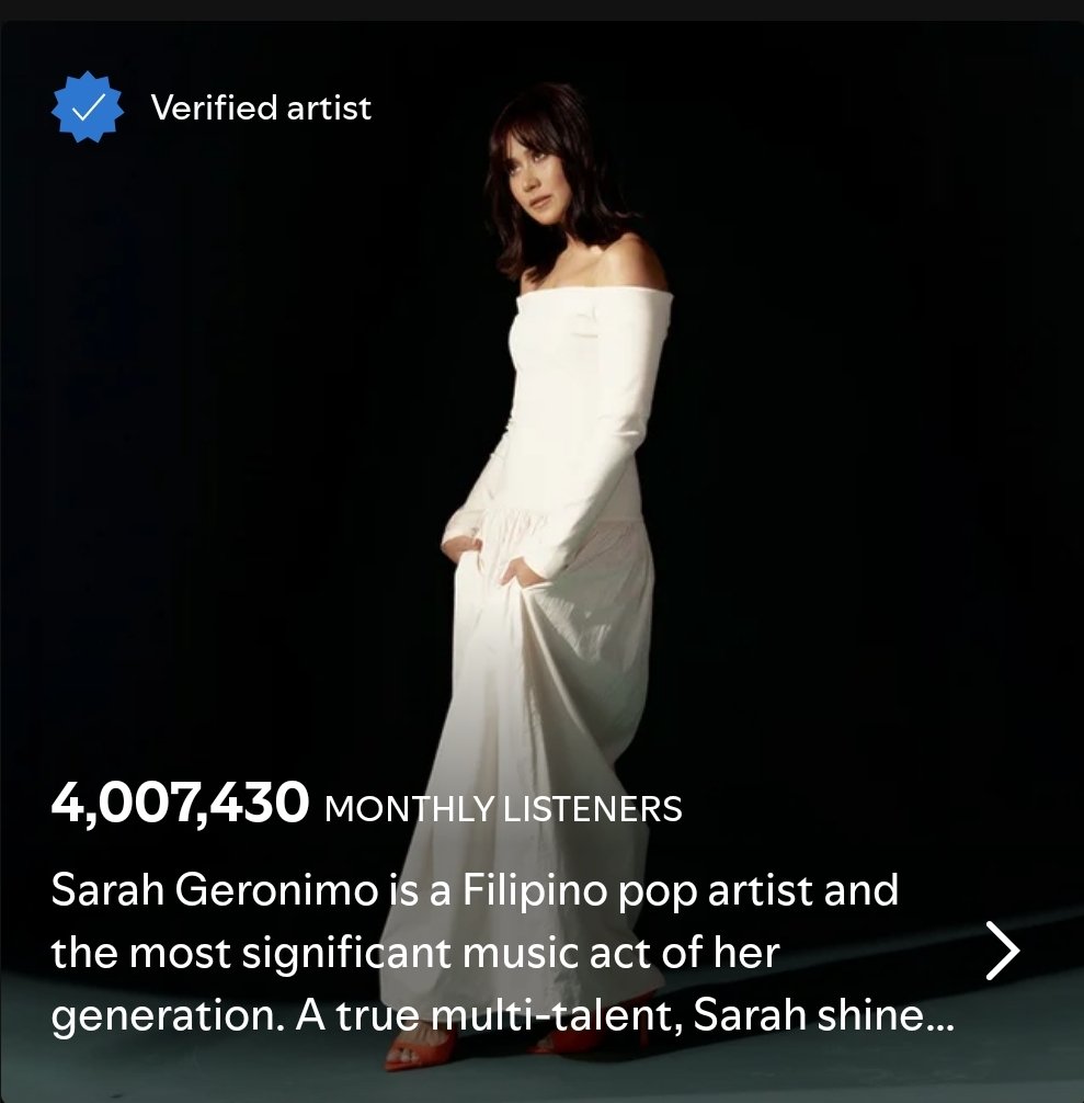 4 million monthly listeners. Congrats <a href="/JustSarahG/">Sarah Geronimo</a> <a href="/gproductionsph/">G Productions</a>