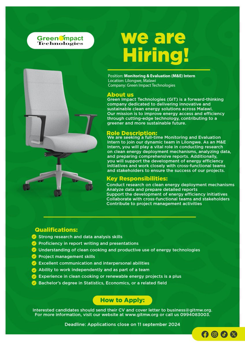 Green Impact Technologies (@git_mw) on Twitter photo We're hiring an M&E Intern! Do you love data, details, and making a difference? If your answer is yes, apply now! 📧 business@gitmw.org ☎️ 0994083003 #JoinOurTeam #SustainableImpact #M&EInternship #GreenTechnologies We're hiring an M&E Intern! Do you love data, details, and making a difference? If your answer is yes, apply now! 📧 business@gitmw.org ☎️ 0994083003 #JoinOurTeam #SustainableImpact #M&EInternship #GreenTechnologies