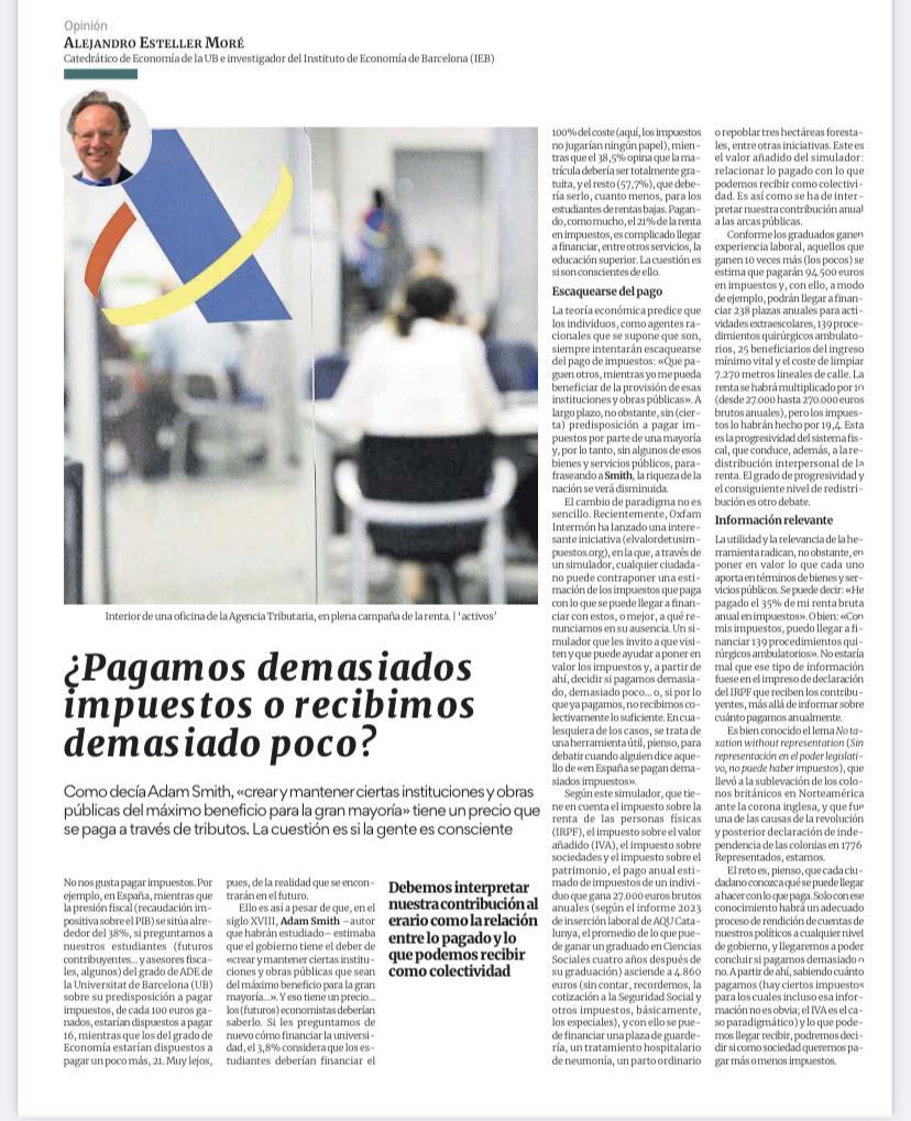 .<a href="/aestellermore/">Alejandro Esteller Moré</a> propone informar en el impreso de la declaración de la renta sobre qué se financia con nuestros impuestos, para mejorar nuestra cultura tributaria.