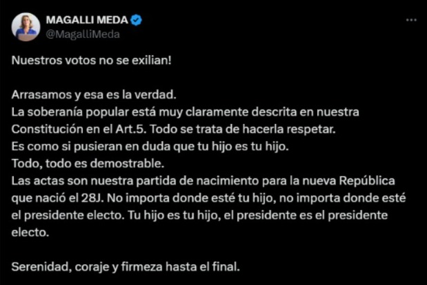 VPITV's tweet photo. La dirigente de Vente Venezuela y asilada en la Embajada de Argentina en Caracas, Magalli Meda (@MagalliMeda), reaccionó a la salida de Edmundo González Urrutia de Venezuela: "Las actas son nuestra partida de nacimiento para la nueva República que nació el 28J. No importa donde esté tu hijo, no importa donde esté el presidente electo. Tu hijo es tu hijo, el presidente es el presidente electo". 
https://t.co/OG0uA5U13M