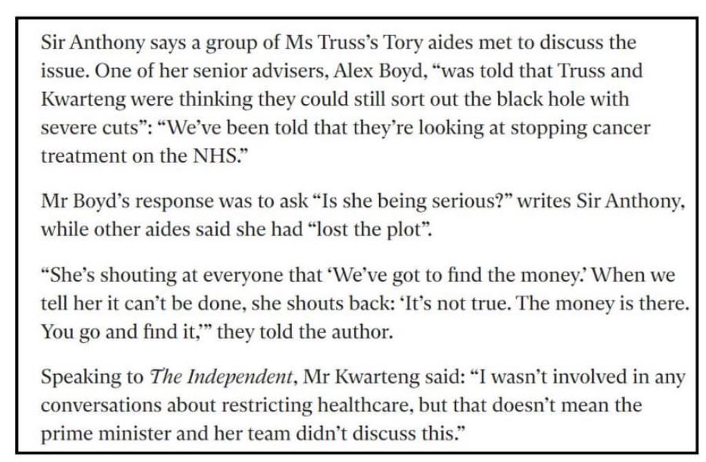 Holy mother of fuck, Truss considered stopping NHS care for CANCER to fill the financial black hole she caused. But yeah, Labour is lying about the mess we’re in. 

Cancer treatment… Fucking hell. 

Cut off the £115k p/a that we’re forced to pay this utter cretin.