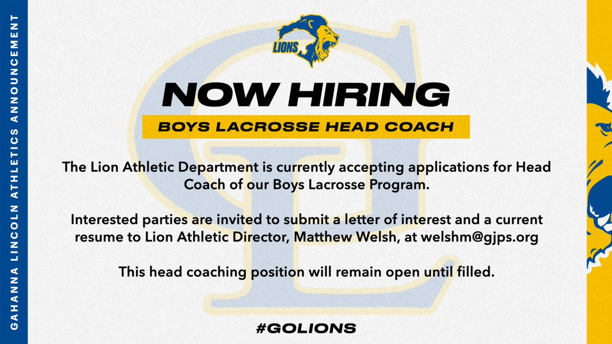 Gahanna Lincoln Athletics (@glhs_athletics) on Twitter photo Gahanna Lincoln High School is seeking a Boys Lacrosse Head Coach for the upcoming season. Interested candidates should email a letter of interest and resume to Athletic Director Matthew Welsh at welshm@gjps.org. Gahanna Lincoln High School is seeking a Boys Lacrosse Head Coach for the upcoming season. Interested candidates should email a letter of interest and resume to Athletic Director Matthew Welsh at welshm@gjps.org.