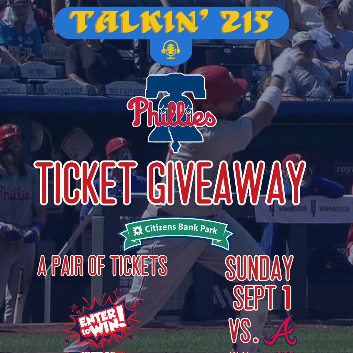 Talkin215's tweet photo. PHILLIES TICKET GIVEAWAY!

WIN a pair (2) tickets to this Sundays (9/1) game against the Braves

Rules of entry
1. Follow @talkin215
2. RT this post
EXTRA ENTRIES
1. Tag friends in this post
2. Listen to our latest episode
3. Leave a 5 star review to the podcast

Drawing will be around 6 pm on Friday 8/30.

#GoPhillies #RingTheBell #Harper #Schwarber #Stott #Phillies #CBP