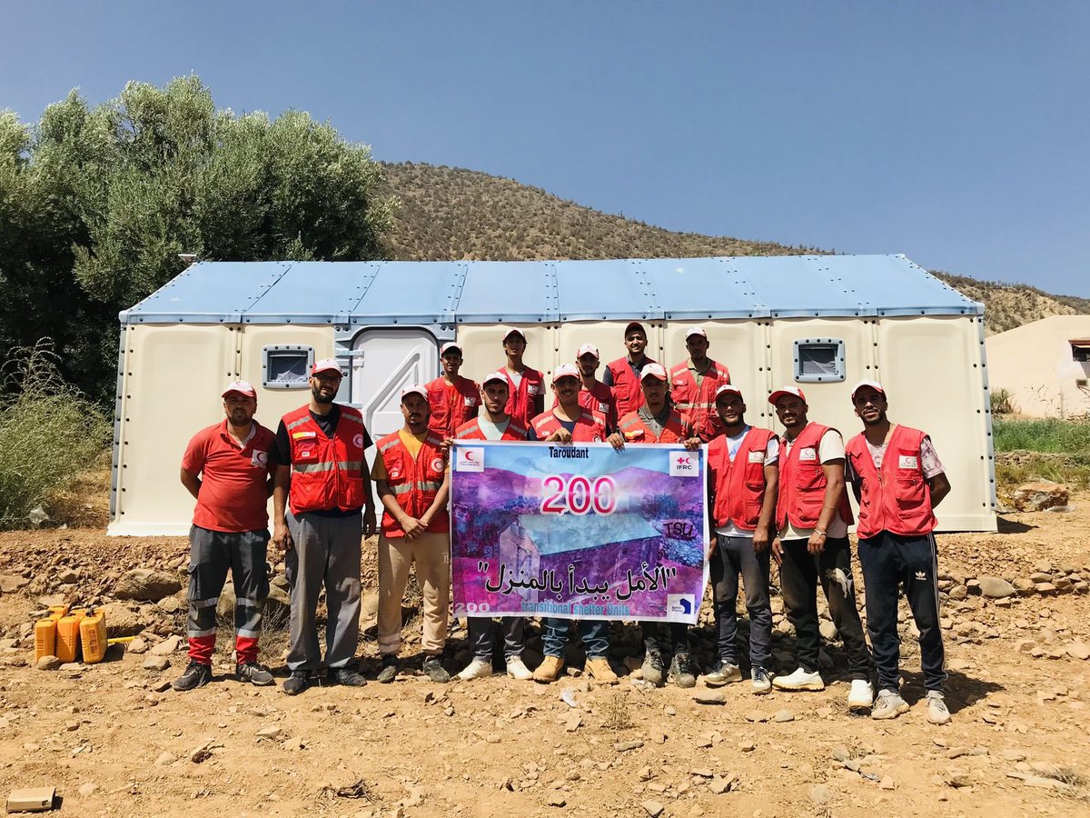 Almost 1 year after the terrible AlHaouz #earthquake in #Morocco, &amp; while reconstruction of destroyed homes is proceeding, one of our Moroccan #RedCrescent branches has delivered  200+ high quality shelter units to affected families needing them.
We thank our dedicated volunteers