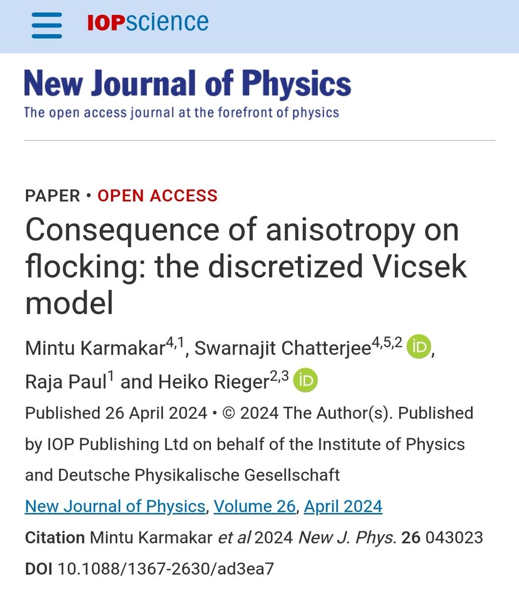 Mintu Karmakar (@mkarmakar094) on Twitter photo Consequence of anisotropy on flocking: the discretized Vicsek model doi.org/10.1088/1367-2… via <a href="/NJPhysics/">New Journal of Physics</a> Consequence of anisotropy on flocking: the discretized Vicsek model doi.org/10.1088/1367-2… via <a href="/NJPhysics/">New Journal of Physics</a>