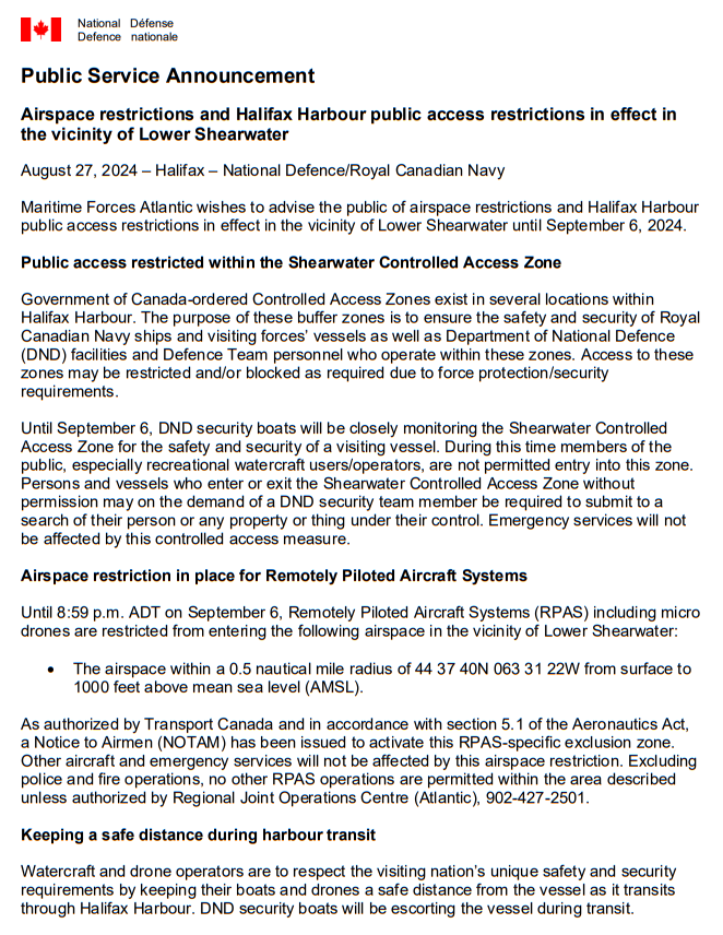 Maritime Forces Atlantic wishes to advise the public of airspace restrictions and Halifax Harbour public access restrictions in effect in the vicinity of Lower Shearwater until September 6, 2024. Info: tridentnewspaper.com/public-service…