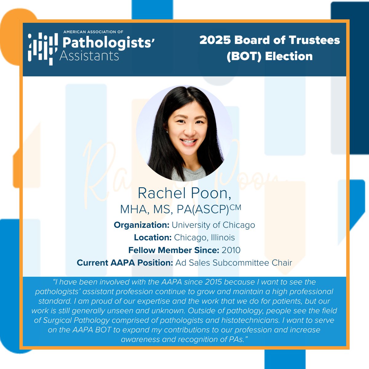 PathAssist's tweet photo. Our next featured candidate for the 2025 AAPA BOT election is Rachel Poon, MHA, MS, PA(ASCP)CM. Learn more about Rachel's volunteer experience &amp; discover why she's interested in serving on the BOT. Plus, meet her fellow candidates: https://t.co/28eAjBPzXC https://t.co/GEUCnAd1aR