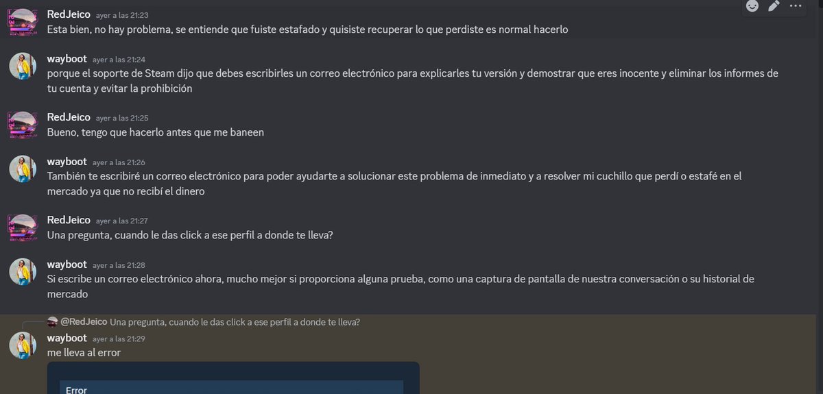 RedJeico's tweet photo. Bueno en resumen, estaba ayer normal con los amigos cuando de repente me llega una solicitud en discord de este tal “wayboot”. Y para resumir la conversación: “parece que alguien que suplanto mi perfil, le estafo comprándole un cuchillo de CSGO de 500$” Adjuntó capturas del chat https://t.co/WI0yVSQgot