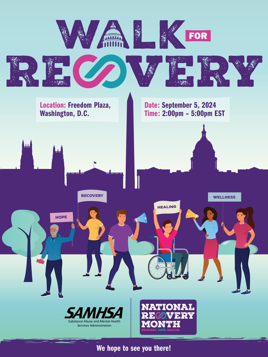 SAMHSA_Leader's tweet photo. Join us on Sept. 5 in Washington, DC for a #WalkforRecovery! We will celebrate #RecoveryMonth and raise awareness about #recovery. With the right treatment, support, and recovery resources, #RecoveryisPossible for everyone. https://t.co/aQDgbjNwui https://t.co/jtpb4vAFrv
