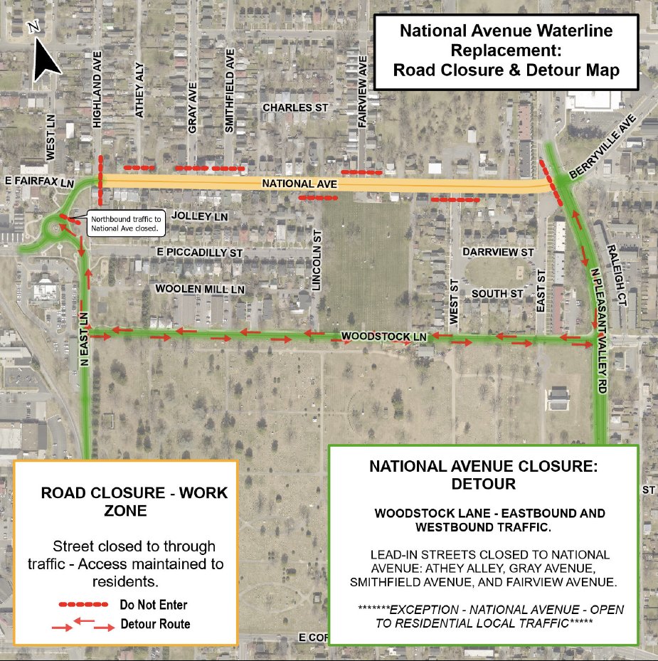 🚧 A detour is coming to National Ave. from September 3rd until early January. The City will replace water mains and sanitary manholes to provide more reliable utility service to the North End.