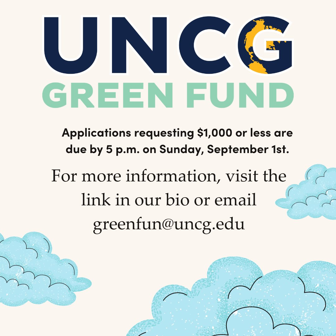 UNCG Sustainability (@sustainableuncg) on Twitter photo Anyone submitting a proposal for $1,000 or less to the Green Fund this month should email their proposals to greenfun@uncg.edu by 5 p.m. on Sunday, September 1st |Â Link is in our bio for more information! Anyone submitting a proposal for $1,000 or less to the Green Fund this month should email their proposals to greenfun@uncg.edu by 5 p.m. on Sunday, September 1st |Â Link is in our bio for more information!