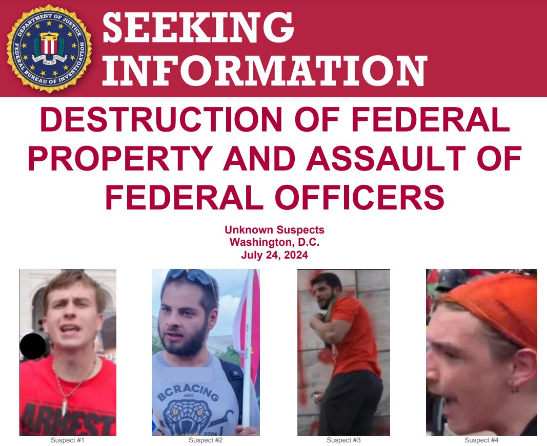 The #FBI is offering a reward of up to $1,000 per individual for information that leads to the arrest and conviction of those responsible for the destruction of federal property and/or assault of federal officers at Union Station on July 24, 2024. ow.ly/tSm250T7RO0
