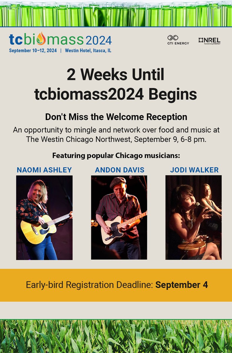 TWO weeks until #tcbiomass2024! Connect with peers over food &amp; live music at our welcome reception and explore the latest in gasification, technoeconomics, and carbon intensity with <a href="/Lindeplc/">Linde plc</a>, <a href="/VTTFinland/">VTT</a>, <a href="/NREL/">NREL</a>, and <a href="/Zeton_company/">Zeton</a>. ➡️ gti.energy/training-event…