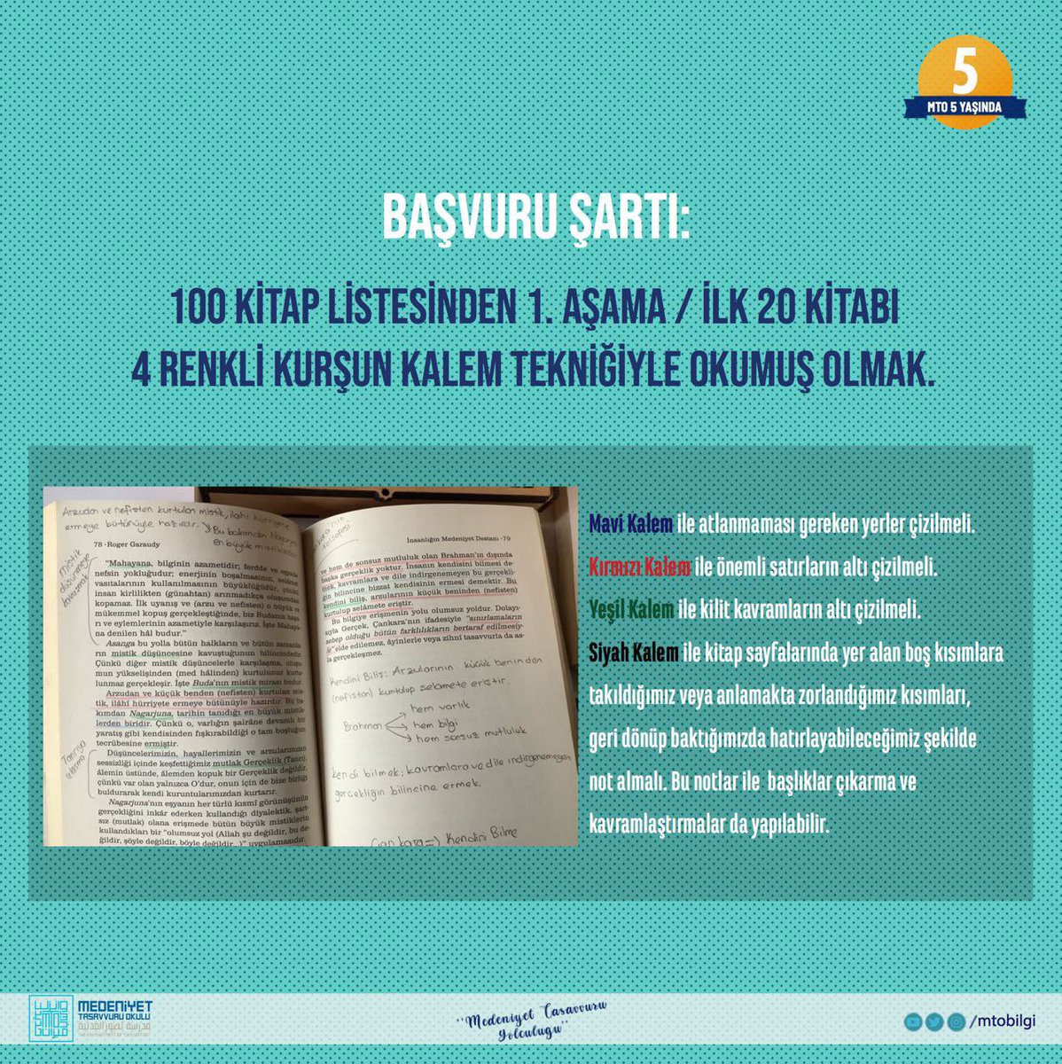 MÜJDE!
MTO'DA YENİ BAŞVURU DÖNEMİ BAŞLIYOR…

Medeniyet Tasavvuru Okulu (MTO) 2024-2025 Akademik Yılı Başvuru dönemi başlıyor…

Yeni başvurular 14-24 Ekim tarihlerinde yapılacak.
O zamana kadar başvuru şartımız: 
100 Kitap Listesi'mdeki ilk 20 kitabı 4 renkli kurşun kalem