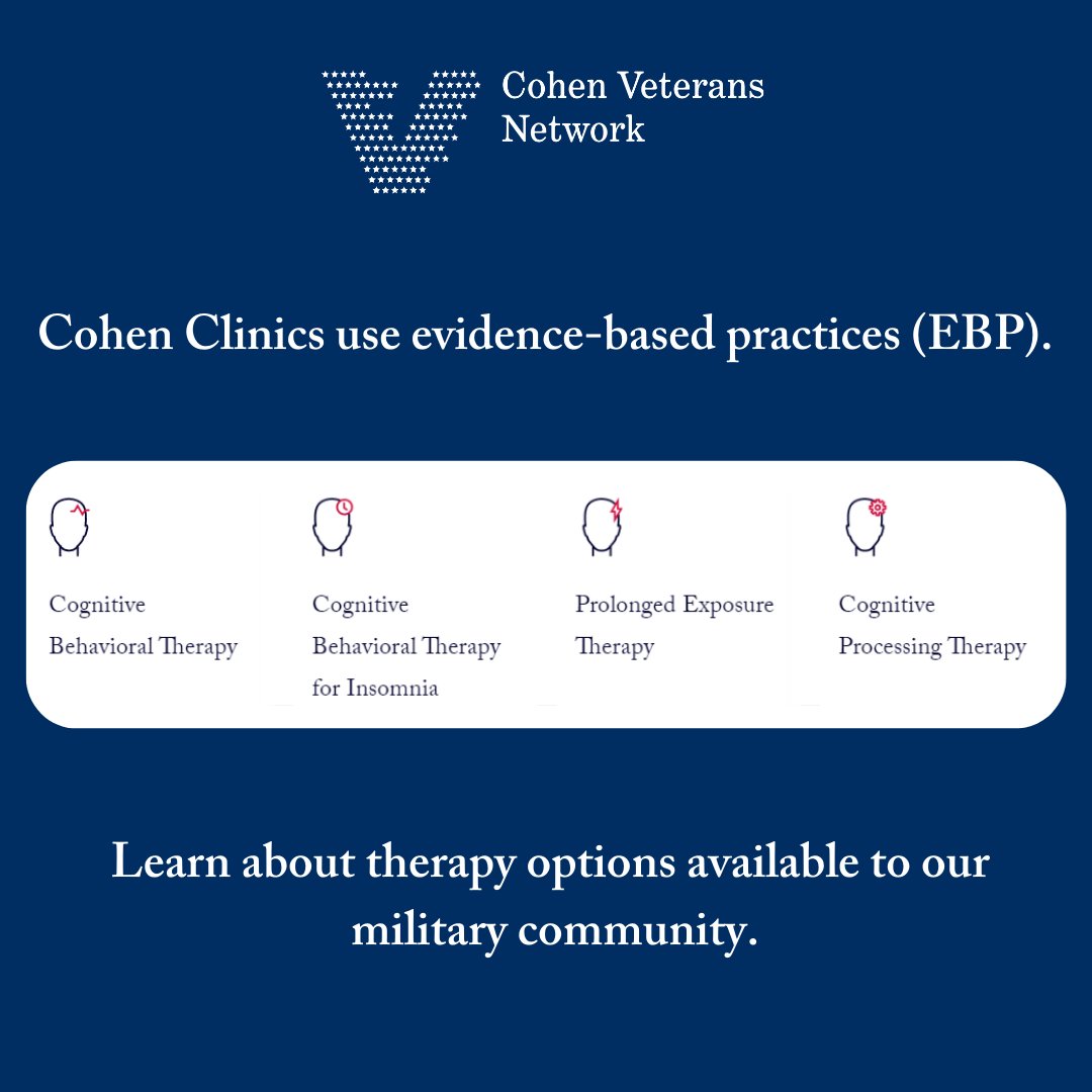 Our care is based in evidence-based practices (EBP). EBP are therapy options that are the current, best practices available based on research. Learn about therapy options available to our military community at: cohenveteransnetwork.org/evidence-based….